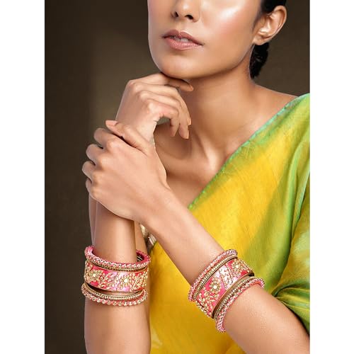 Image of Peora Silk Thread Matching Floral Bangle Set Bridal Chuda Chura Jewellery for Women Girls Navratri Gift - 2.8 inch