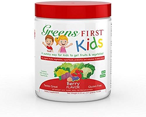 Greens First Kids, Berry Flavor, 6.03 oz. 30 Servings – Superfood Powder for Kids – Kid-Friendly Fiber – Essential Source of Vitamins & Minerals, Digestive Enzymes, & Probiotics