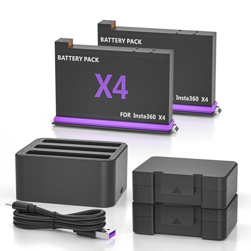 Battery Charger Set for Insta360 X4 2 Pack 2500mAh Replacement 360X4 Batteries and 3 Channel Fast Charger Accessories Compatible with Insta 360 x4 Camera