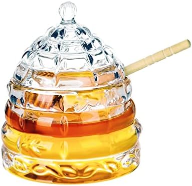 1500 C Tabletop Bee-hive Glass Honey Jars with Dipper and Lid 10 oz. Crystal Clear Heavy Glass Honey Pot Honey Containers Holder for Jam Jelly Syrup Home& Kitchen