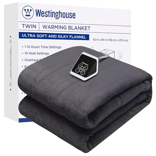Westinghouse Heated Blanket, Electric Throw Blanket with 10 Heating Levels, 12 Hours Auto Off, Overheat Protection, Machine Washable, Flannel (Twin, 62x84 Inches, Charcoal)
