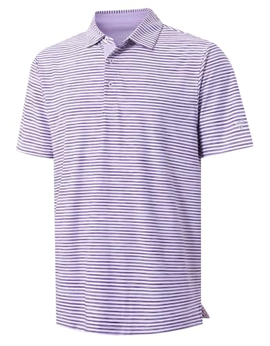M MAELREG Polo Shirts for Men Short Sleeve Casual Collared Quick Dry Moisture Wicking Striped Mens Golf Polos Purple White