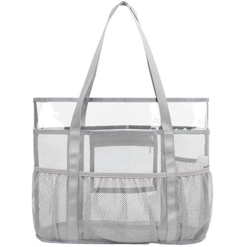 TINYAT Large Clear Tote Bag for Women Transparent Mesh Beach Bag Shoulder Bag with Waterproof Zipper Pocket See Through Swim Bag for Vacation