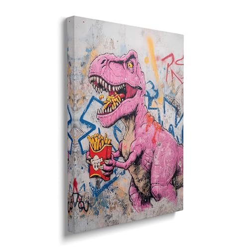 IBTKQSM Banksy Funny Dinosaur Canvas Wall Art Graffiti Tyrannosaurus Dino Poster French Fries Pictures Dinosaurs Painting Street Graffiti Pop Artwork for Bathroom Living Room Home Wall Decor 12"x16"