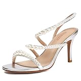 XIANGZU Women's Pearl Heels Sexy D-orsay Stiletto Strappy Beaded Sandals Party Wedding Bridal Shoes (7.5, Silver)