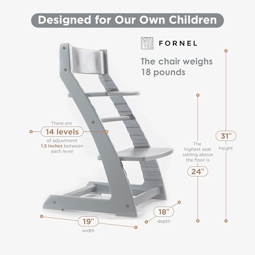 Image of FORNEL Grey Wooden High Chair for Toddlers | The Grow-with-Me Adjustable Chair for Modern Farmhouse & Scandinavian Kitchens | Premium European Style Convertible Seat