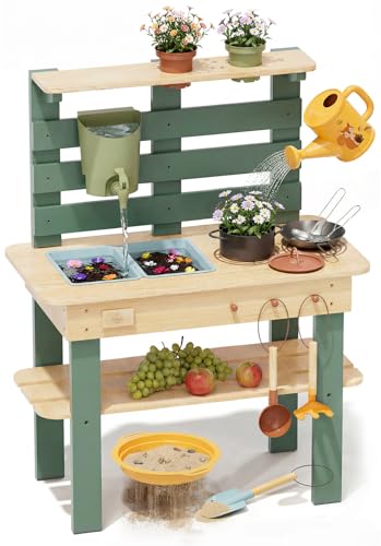 Lehoo Castle Holz Outdoor Matschküche für Kinder, Spielküche mit Echtem Waschbecken Küchenzubehör, Gartenspielzeug zum Kochen, Gießen Sensorisches Spielen, Montessori Lernspielzeug ab 3 Jahre