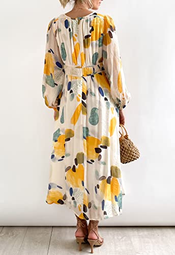 Image of Maxigerui Women's Long Sleeve Floral Maxi Dress 2026 Spring Summer Wedding Guest Dress Yellow Watercolor L