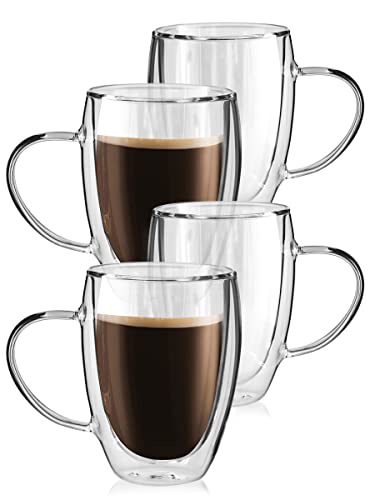 T-Ware Double Wall Glass Coffee Mugs With Handle, 12 Oz Glass Cups, Clear Coffee Mug, Insulated Layer Coffee Mug, Glass Coffee Cup, Perfect For Cappuccino, Tea, Latte And Hot Beverage, Set Of 4 #TOP9