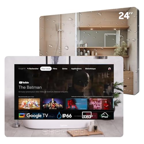 SYLVOX Baño Espejo TV 24 Pulgadas FHD| IP65 Impermeable 12V Google TV 1080P|60Hz| Chromecast hbbtv | WiFi & Bluetooth|Google Assistant | Sleep Timer Espejo 2024