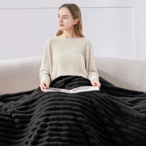 Image of BEDELITE Ribbed Twin Blanket for Couch & Bed, Black, 66 inchx90 inch
