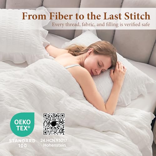 Image of JOLLYVOGUE Oversized Queen Comforter Set, 3 Pieces White Seersucker Comforters, Lightweight & Fluffy Bedding Sets for All Season with 1 Ruffle Comforter and 2 Ruffle Pillowshams