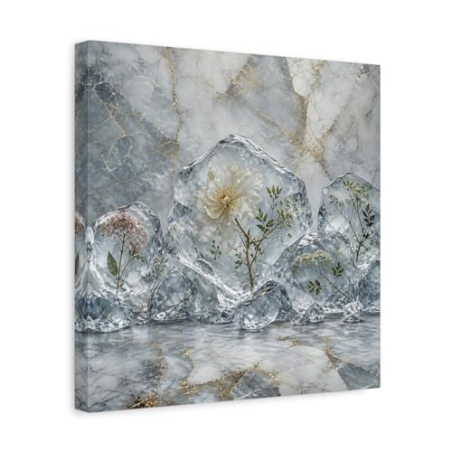 Tableau sur toile fleurs givrées gris et or 35x35cm cadre carré salon moderne