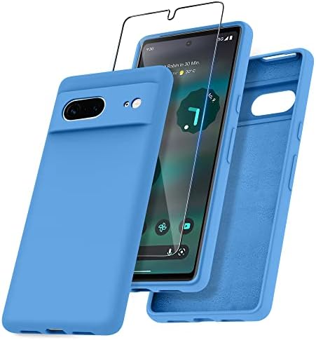 Janmitta for Google Pixel 7 Case and 1 Pack Tempered Glass Screen Protector, Slim Liquid Silicone Shockproof Protective Case - Midnight Blue