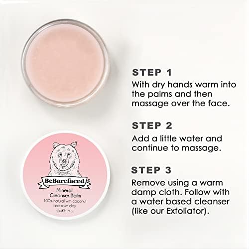 BeBarefaced Natural Facial Vegan Cleansing Balm with Mineral Pink Rose Clay & Coconut Oil - Anti Ageing Moisturising Face Cleanser for Dry Skin - Targets Wrinkles with Vitamin E - Removes Eye Makeup
