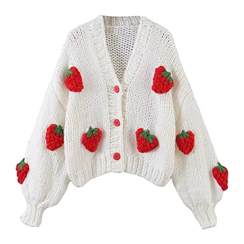 AISYBB Cárdigan de Punto Bordado de Fresa Japonesa para Mujer, Estilo Coreano, Retro, Elegante, Bonito Abrigo Kawaii, Rojo, L