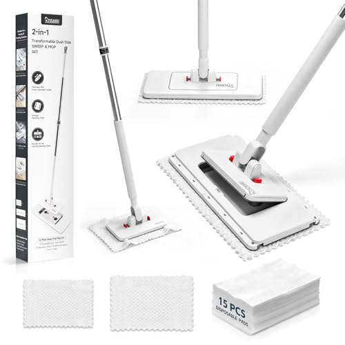 2-in-1 Dual Size Hands Free Flat Mop, Snap Grip Mini & Large Mop Compatible with Swiffer Pads, 15 Dry Pads and Reusable Cloths, Lazy Mops for Hardwood, Tile, Walls & Tight Spaces Cleaning
