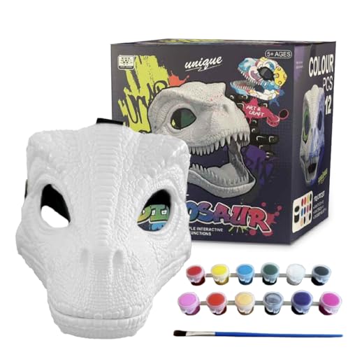 DIY White Hard Plastic Dino Mask with Paint Set, Dinosaur Mask Hard Plastic Moving Jaw, Velociraptor, T-Rex, Jurassic,