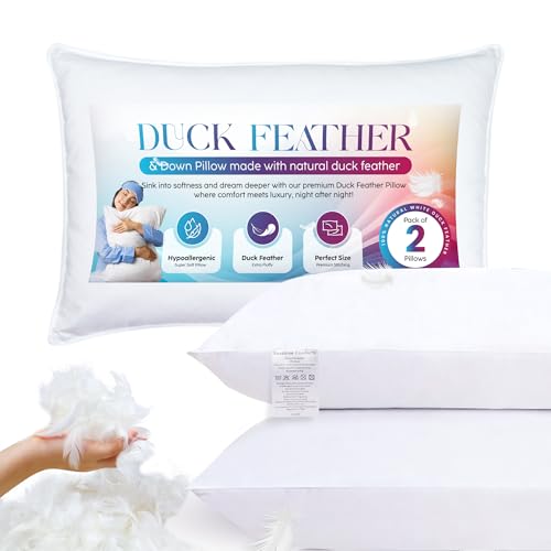 Sunshine Comforts Duck Feather & Down Pillows (2 Pack) –1200GSM Luxury Bed Pillows for Sleeping, Soft for All Sleep Positions – Breathable, Washable & Hypoallergenic UK Standard Size (50X75cm)