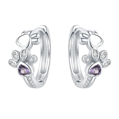Cycuff 925 Sterling Silver Hoop Earrings Colorful Cubic Zirconia Jewelry Earrings for Women Set Earring Presents for Her (Cute Pet Stone Set Openwork Paw Print Earrings)
