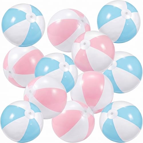 MiniInflat 12 Pcs 16 Inch Inflatable Beach Balls Bulk Jumbo Pastel Inflatable Decorated Ball with Macaron Color PVC Party Ornaments for Adults Kids Summer Birthday Party Decoration (Pink,Blue) by MiniInflat - Used condition - US$23.50