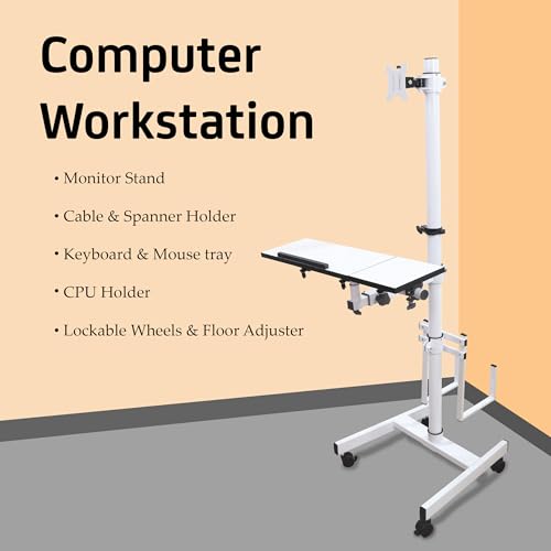Image of Isomars Computer Standing Desktop Workstation with Monitor Mount Adjustable Height with Keyboard & Mouse Tray Space for CPU Holder, Sit Stand Table Comes with Wheels for Easy to Move.(White)