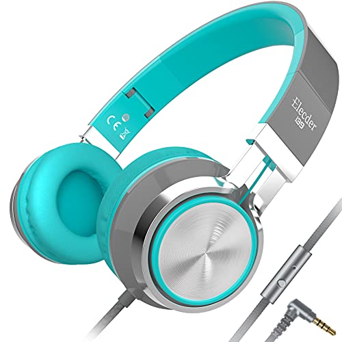 Elecder i39 Headphones with Microphone Foldable Lightweight Adjustable On Ear Headsets with 3.5mm Jack for Cellphones Computer MP3/4 Kindle School (Mint/Gray)