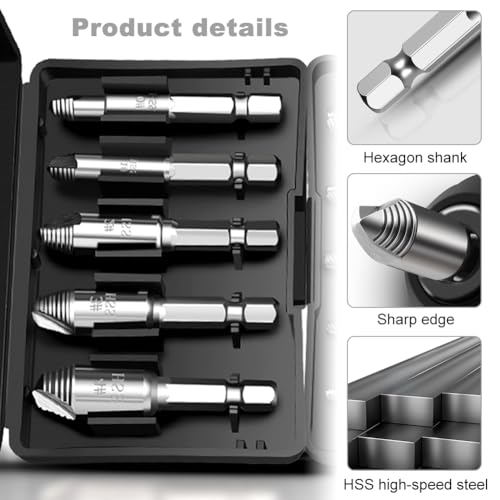 Alicer Schraubenausdreher Set, Schrauben Entferner Set zum Kaputte Schrauben Rausdrehen, HSS 4341 Schraubenentferner Linksbohrer, Beschädigte Schraube Entferner Extraktor Set, 5 Sizes