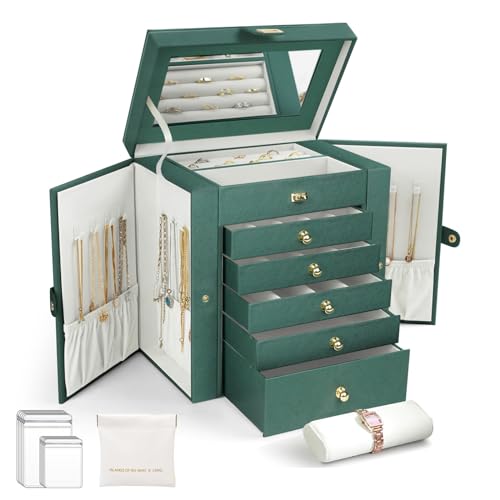 LIAN 6-Layer Large Jewelry Box with Big Mirror Functional Huge 5 Drawers Leather Jewelry Storage Case for Women Girls Ring Necklace Earring Bracelet Holder Organizer (Large-Emerald)