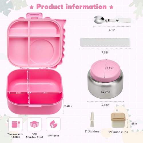 Image of Pawtong Bento Lunch Box with Thermo, 4-Compartment Bento Box with Adjustable Dividers, Leakproof Dinosaur Lunch Box with 14.2OZ Insulated Food Jar & Sauce Jar, for School Office Travel(Pink)