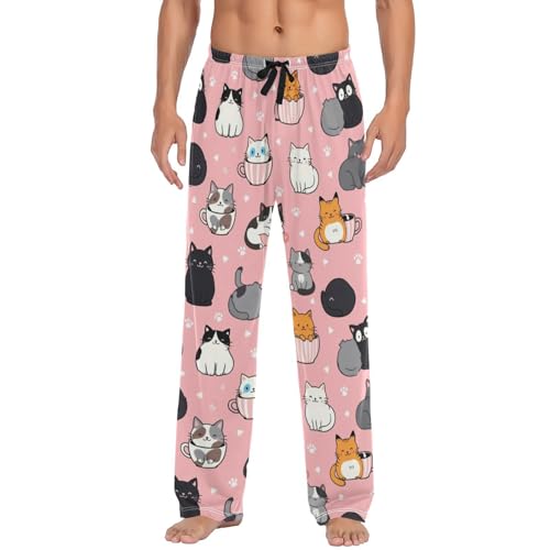 Cute Cat Heart Pajama Pants Cartoon Pink Animals Men's Pajama Bottoms Lounge Sleepwear PJs Casual Lightweight Sleep Pants L