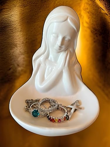 Top Brass Porcelain Rosary/Jewelry Holder - Blessed Virgin Mary/Lady of Grace Angelic Madonna Prayer Bead Necklace Tray Decor - Thumbnail 3