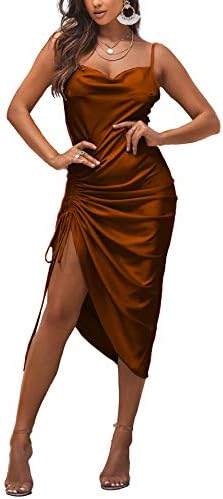 LYANER Women's Satin Spaghetti Straps Cowl Neck Sexy Ruch Cocktail Midi Dresses Brown Medium