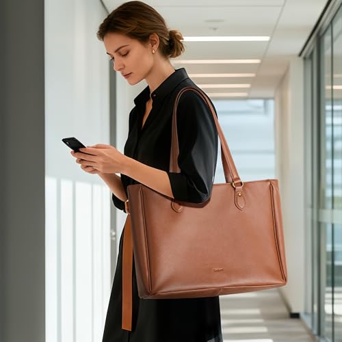 Image of befen Genuine Leather Tote Bag for Women Work, Womens Laptop Purse Bags Shoulder Satchel Handbags with 15.6 inch Compartment