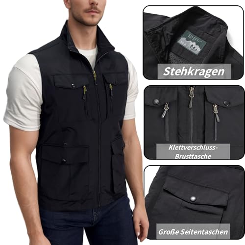 MeiLayM Herren Outdoor Weste mit Vielen Taschen Schnelltrocknende Freizeitweste Leicht Anglerweste Sommer Atmungsaktiv Ärmellose Jacke Sport Multifunktionsweste Camping Fotografie Weste Schwarz,XXL