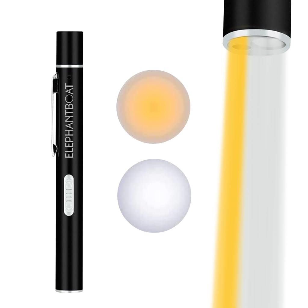 ELEPHANTBOAT® Dual Light Pen Torch for Doctors Nurses - USB Rechargeable White and Yellow Beam for Checking Oral, Pupil, Eyes, Ears, Nasal Cavity (Black)
