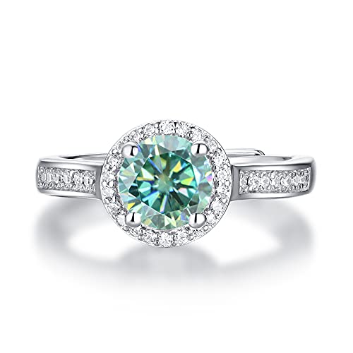 Gem's Beauty Green Moissanite Adjustable Rings 925 Sterling Silver Open Ring 1.0Ct Round Halo Green Moissanite Solitaire Engagement Ring For Women