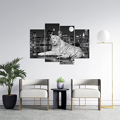 Conipit White Tiger Canvas Wall Art Black White Picture Wild Animal Prints City Reflection In Water Artwork Framed 48''X32'' #TOP1