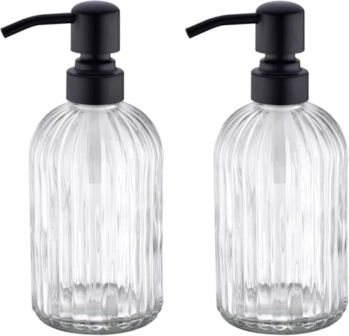Image of 16Oz Bathroom Glass Soap Dispenser with Black Rust Proof Pump,Premium Kitchen Soap Dispenser with Vertical Stripe, Lotion Dish Dispenser for Modern Home Decor,Countertop, 2 Packs