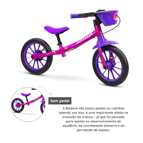 Bicicleta de Equilíbrio Infantil, Aro 12, Freio Traseiro, Capacete Incluído, Roxa e Rosa