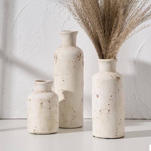 SIDUCAL Ceramic Rustic Farmhouse Vase Set of 3, Whitewashed Terra...