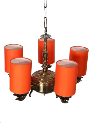 Image of Devansh 05 Lights Orange Round Cotton Shade with Antique Golden Chandelier