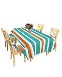 LUSWEET Rectangle Tablecloth 60 x 84 Inch Turquoise Orange White Stripes Table Cloth Decorative Fabr