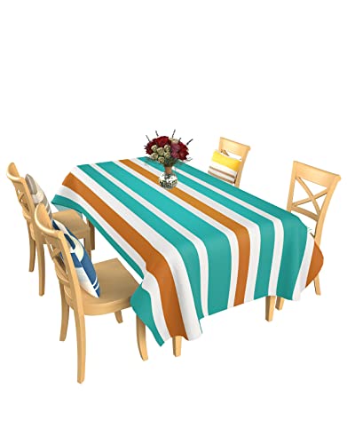 Lusweet Rectangle Tablecloth 60 X 84 Inch Turquoise Orange White Stripes Table Cloth Decorative Fabric Waterproof Table Cover For Dining Table,Buffet,Tabletop #TOP14