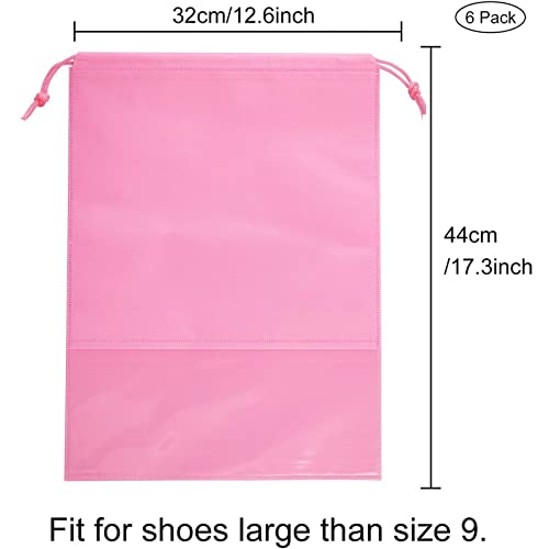6 Pcs Travel Shoe Bags, ULIFEMALL Large Non-Woven Drawstring Shoes Storage Bag with Transparent Slot Clear Window Portable Waterproof Dustproof Shoes Pouch Packing Organizer for Men Women, Pink2