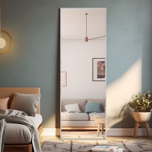 Image of NeuType Full Length Mirror, 65 inch x 22 inch Aluminum Alloy Frame Floor Mirror with Stand, Mirror Full Length, Free Standing or Wall Mounted or Leaning Against Wall, Brushed Silver