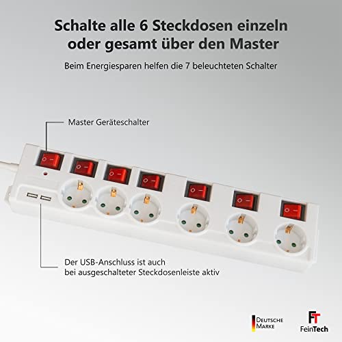 Steckdosenleiste Feintech 6-fach mit USB und Überspannungsschutz