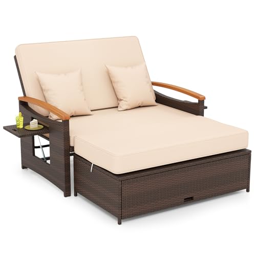 GIANTEX Lounge Möbel Outdoor, Gartensofa mit Liegefunktion, Balkonmöbel Kleiner Balkon, Outdoor Sofa, Rattan Lounge Sofa, Gartenlounge mit Stauraum, Garten Doppelliege 2 Personen, Rattan Daybed Garten