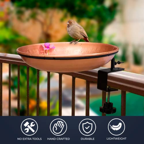 Monarch Abode Pure Copper Deck Mounted Bird Bath, Hand-Hammered Detachable Bird Feeder, Bath, & Bowl With Iron Clamp, Decor For Garden, Backyard, Patio, & Deck #TOP5