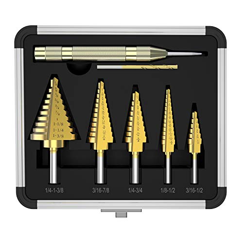Welpettie 7pcs Titanium Step Drill Bits Set for Soft Metal, Wood, Plastic Sheet Steel Step Drill Bit with Automatic Center Punch Twist Drill and Aluminum Case Multiple Hole Stepped Up Bits